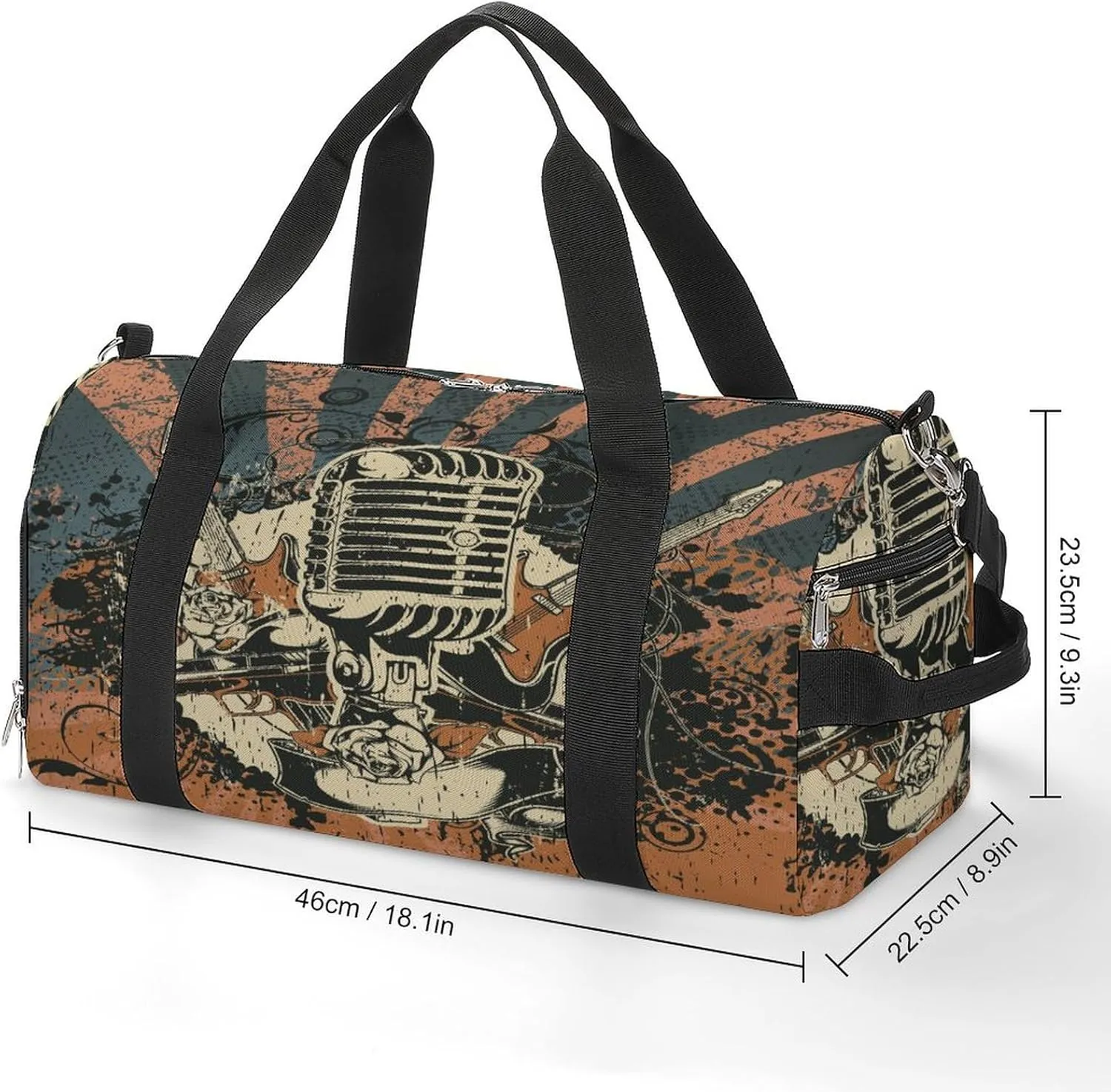 Vintage Retro Disco Mic Print Duffel Bag for Boys Girls with Waterproof Shoe Compartment
