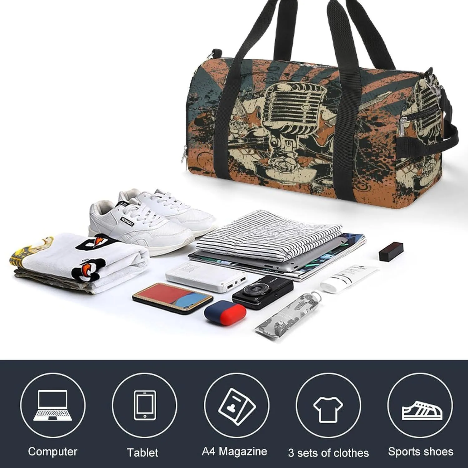 Vintage Retro Disco Mic Print Duffel Bag for Boys Girls with Waterproof Shoe Compartment