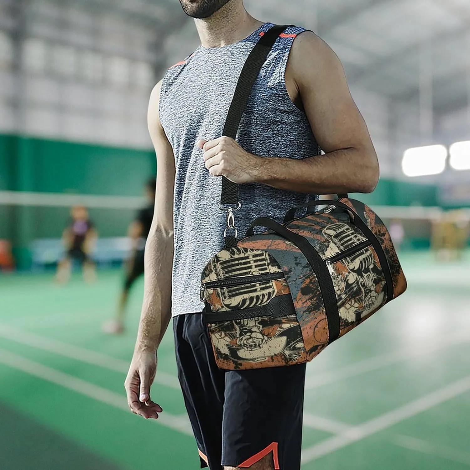Vintage Retro Disco Mic Print Duffel Bag for Boys Girls with Waterproof Shoe Compartment