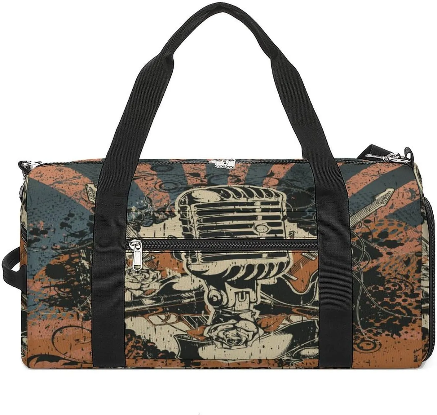 Vintage Retro Disco Mic Print Duffel Bag for Boys Girls with Waterproof Shoe Compartment