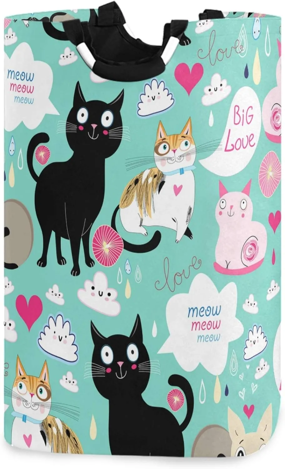 visesunny Cute Cat Big Love Large Laundry Hamper with Handle Foldable Durable Clothes Hamper Laundry Bag Toy Bin for Bathroom, Bedroom, Dorm, Travel