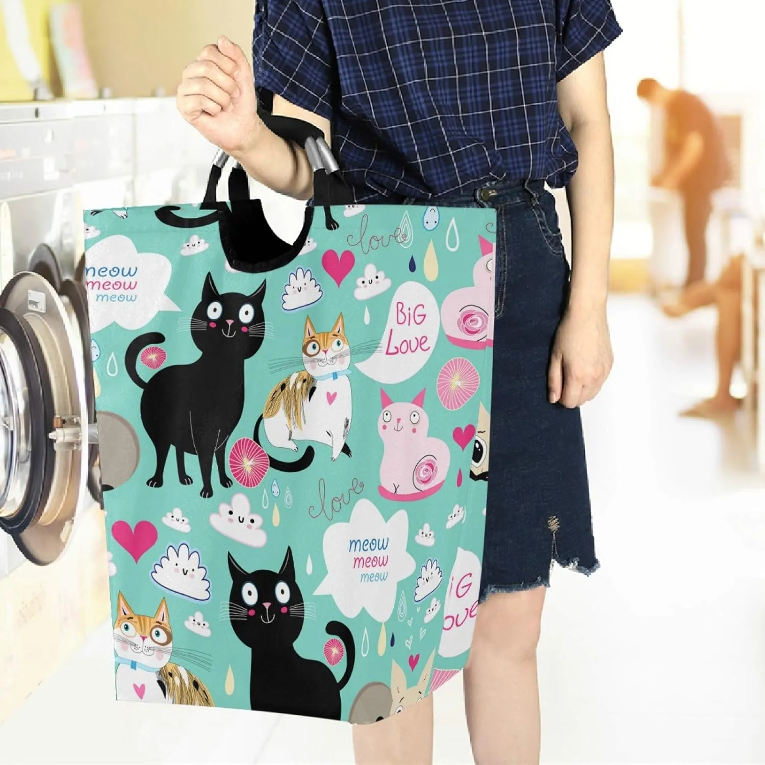visesunny Cute Cat Big Love Large Laundry Hamper with Handle Foldable Durable Clothes Hamper Laundry Bag Toy Bin for Bathroom, Bedroom, Dorm, Travel