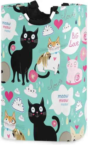 visesunny Cute Cat Big Love Large Laundry Hamper with Handle Foldable Durable Clothes Hamper Laundry Bag Toy Bin for Bathroom, Bedroom, Dorm, Travel