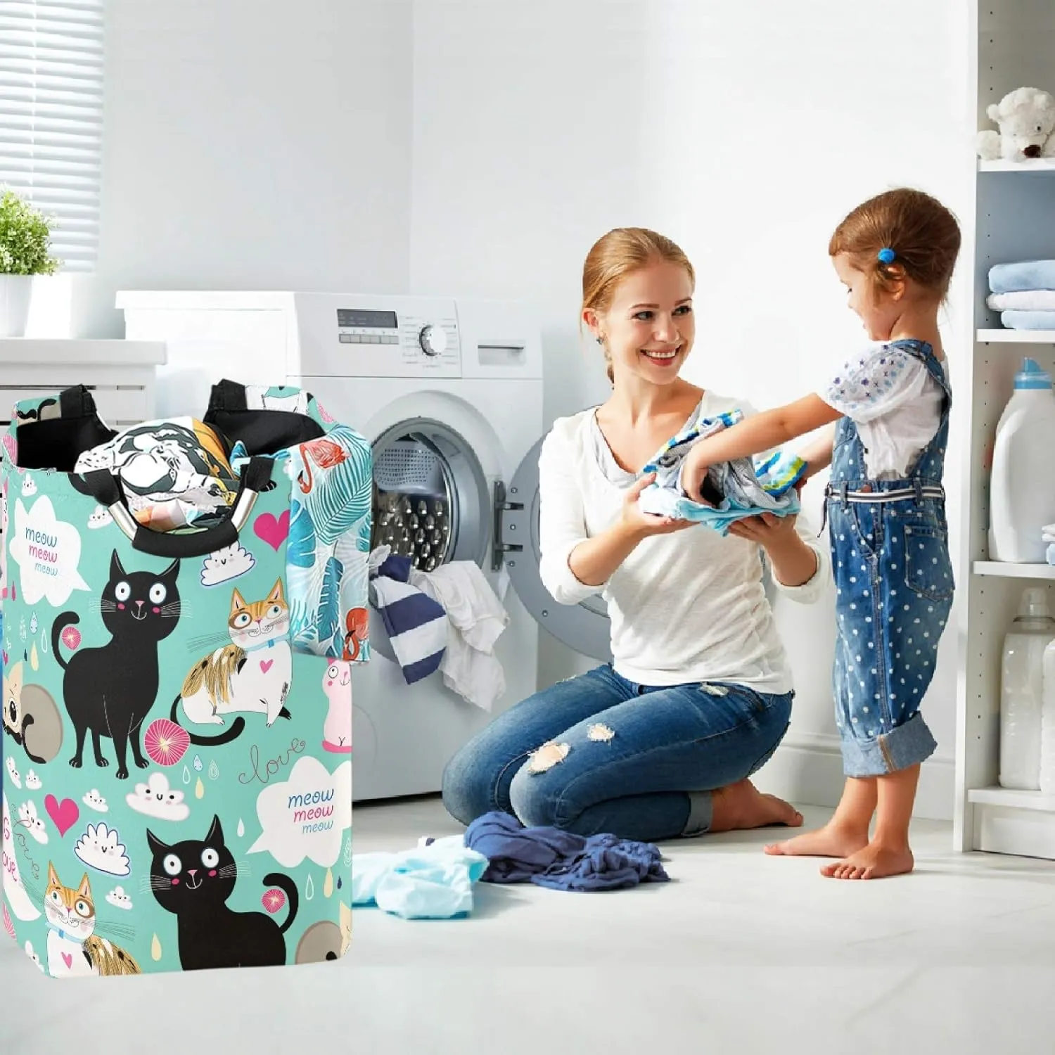 visesunny Cute Cat Big Love Large Laundry Hamper with Handle Foldable Durable Clothes Hamper Laundry Bag Toy Bin for Bathroom, Bedroom, Dorm, Travel