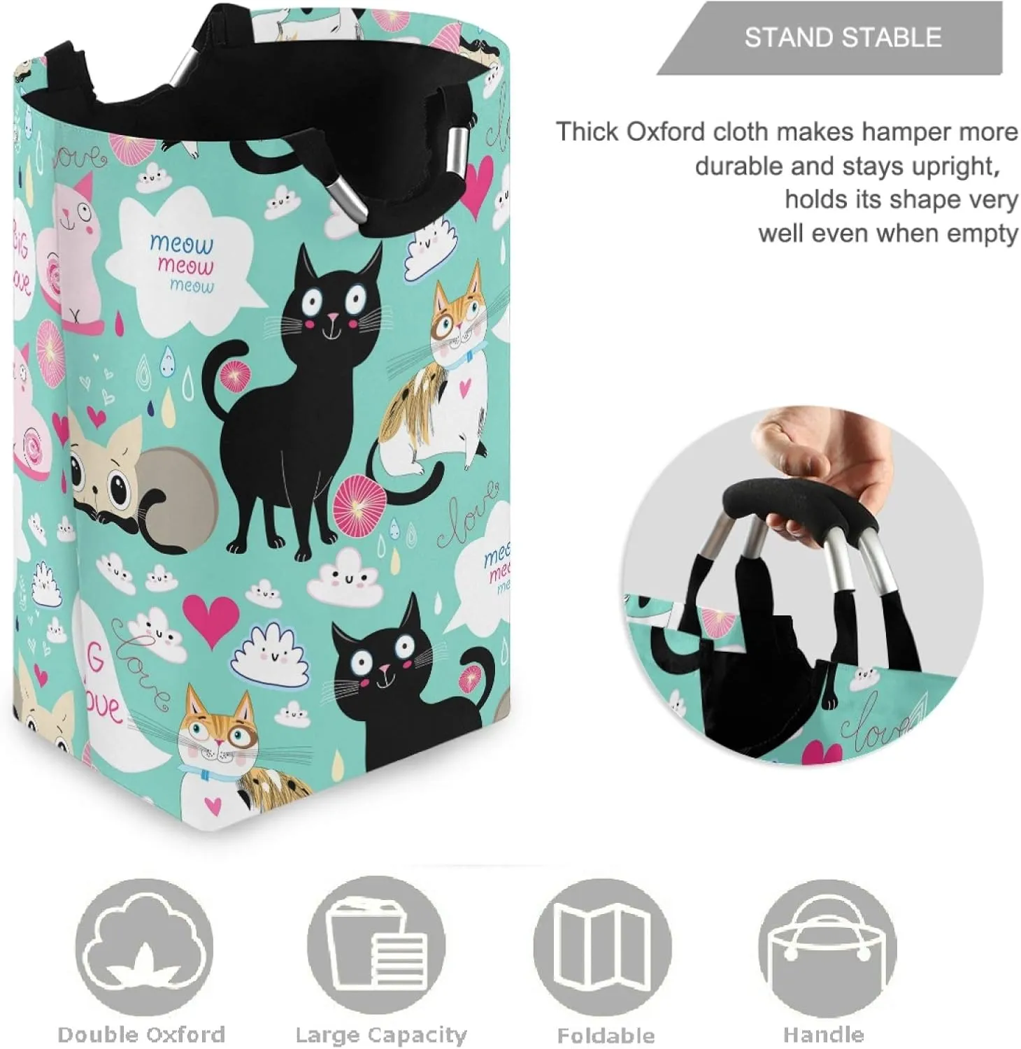visesunny Cute Cat Big Love Large Laundry Hamper with Handle Foldable Durable Clothes Hamper Laundry Bag Toy Bin for Bathroom, Bedroom, Dorm, Travel