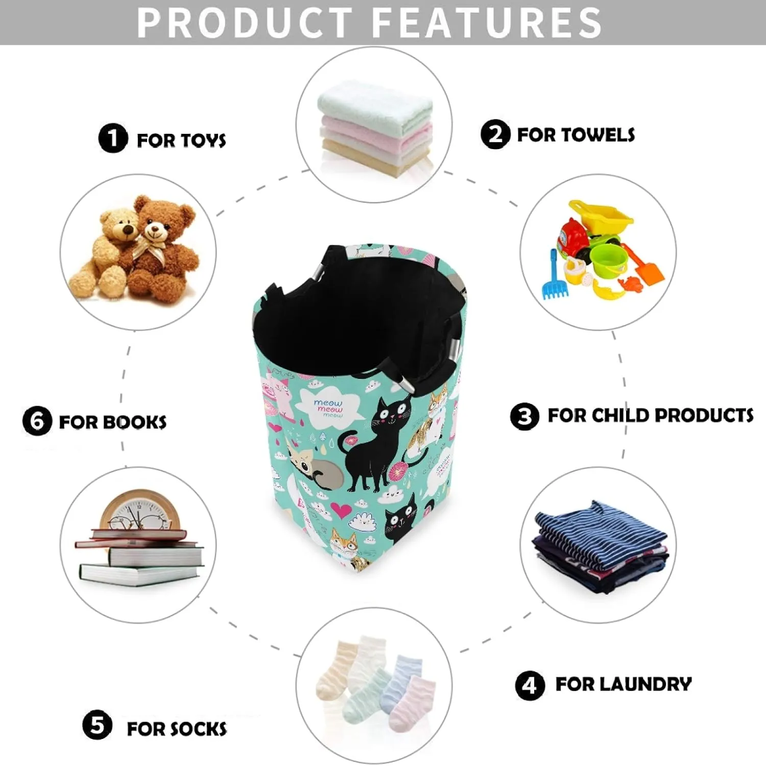 visesunny Cute Cat Big Love Large Laundry Hamper with Handle Foldable Durable Clothes Hamper Laundry Bag Toy Bin for Bathroom, Bedroom, Dorm, Travel