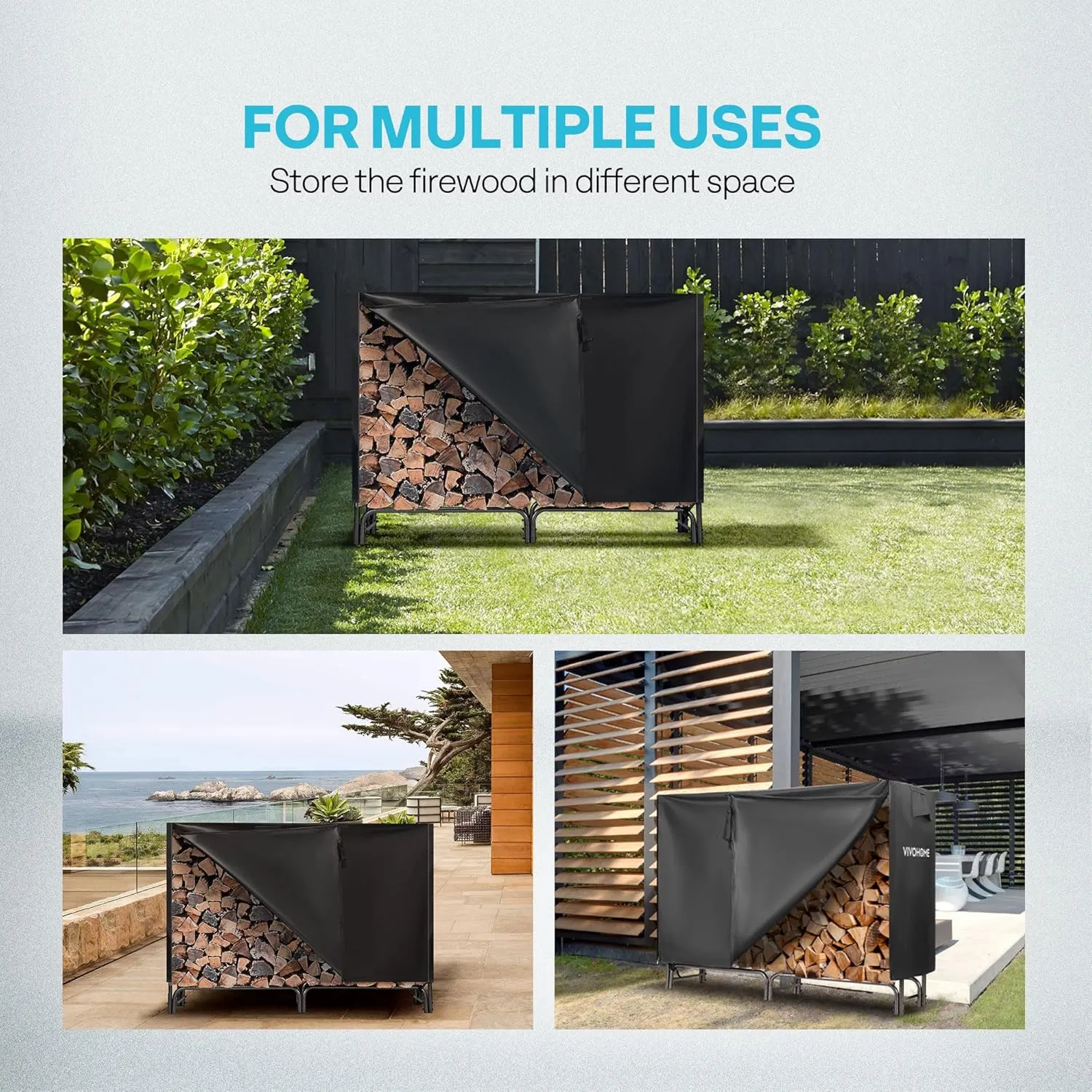 VIVOHOME 5ft Heavy Duty Indoor Outdoor Firewood Storage Log Rack with Cover Combo Set Black