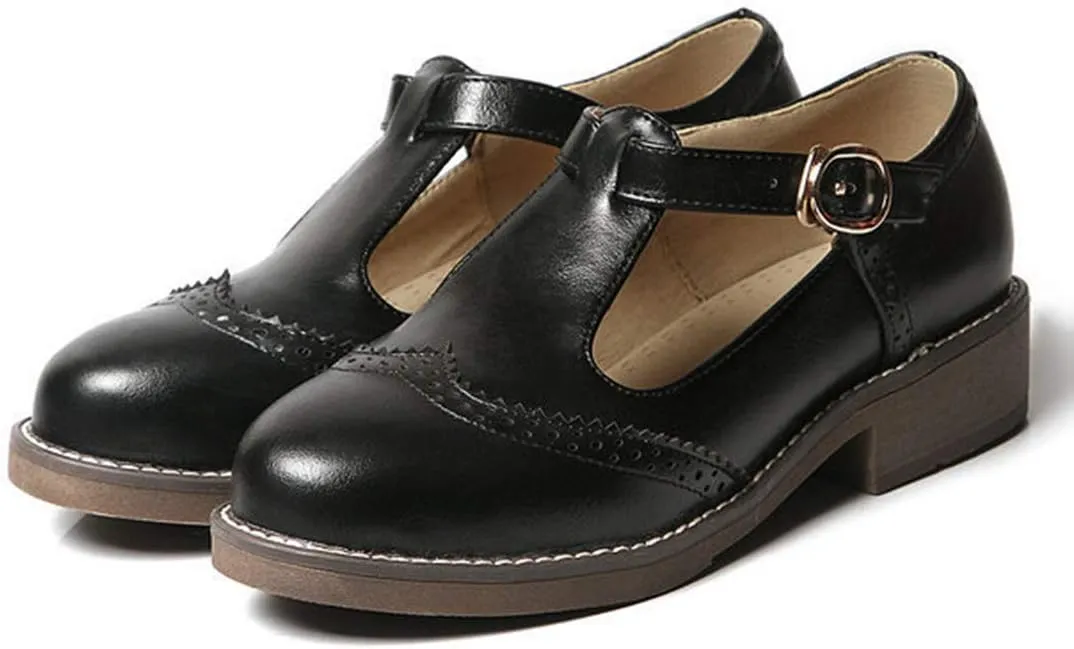 VOKLIN Women's Vintage T-Strap Mary Jane Pumps Round Toe Flat Low Heel Brogues School Uniform Oxford Shoes