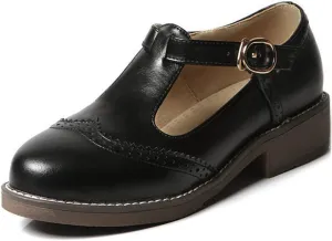 VOKLIN Women's Vintage T-Strap Mary Jane Pumps Round Toe Flat Low Heel Brogues School Uniform Oxford Shoes