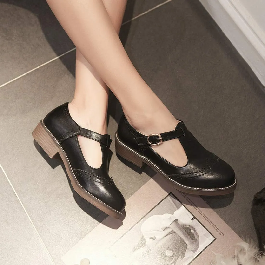 VOKLIN Women's Vintage T-Strap Mary Jane Pumps Round Toe Flat Low Heel Brogues School Uniform Oxford Shoes