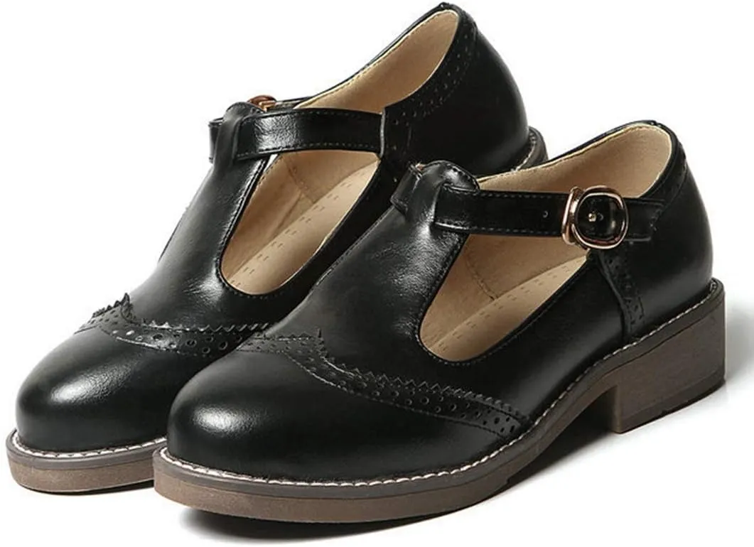 VOKLIN Women's Vintage T-Strap Mary Jane Pumps Round Toe Flat Low Heel Brogues School Uniform Oxford Shoes