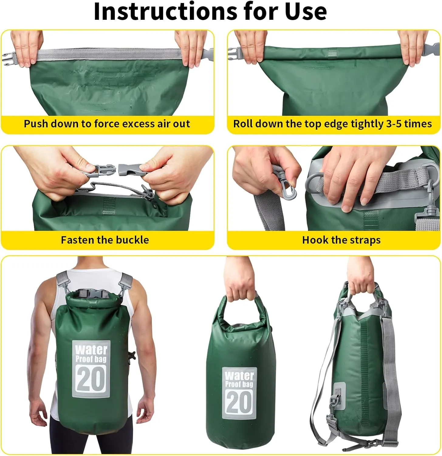 Waterproof Dry Bag, 10L/20L Roll Top Dry Bag Backpack, 500D PVC IPX8 Waterproof Bag for Hiking, Kayaking, Camping