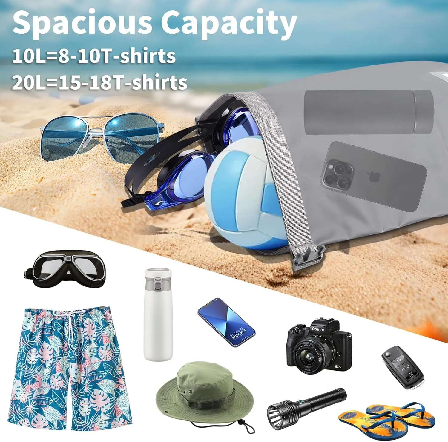 Waterproof Dry Bag, 10L/20L Roll Top Dry Bag Backpack, 500D PVC IPX8 Waterproof Bag for Hiking, Kayaking, Camping