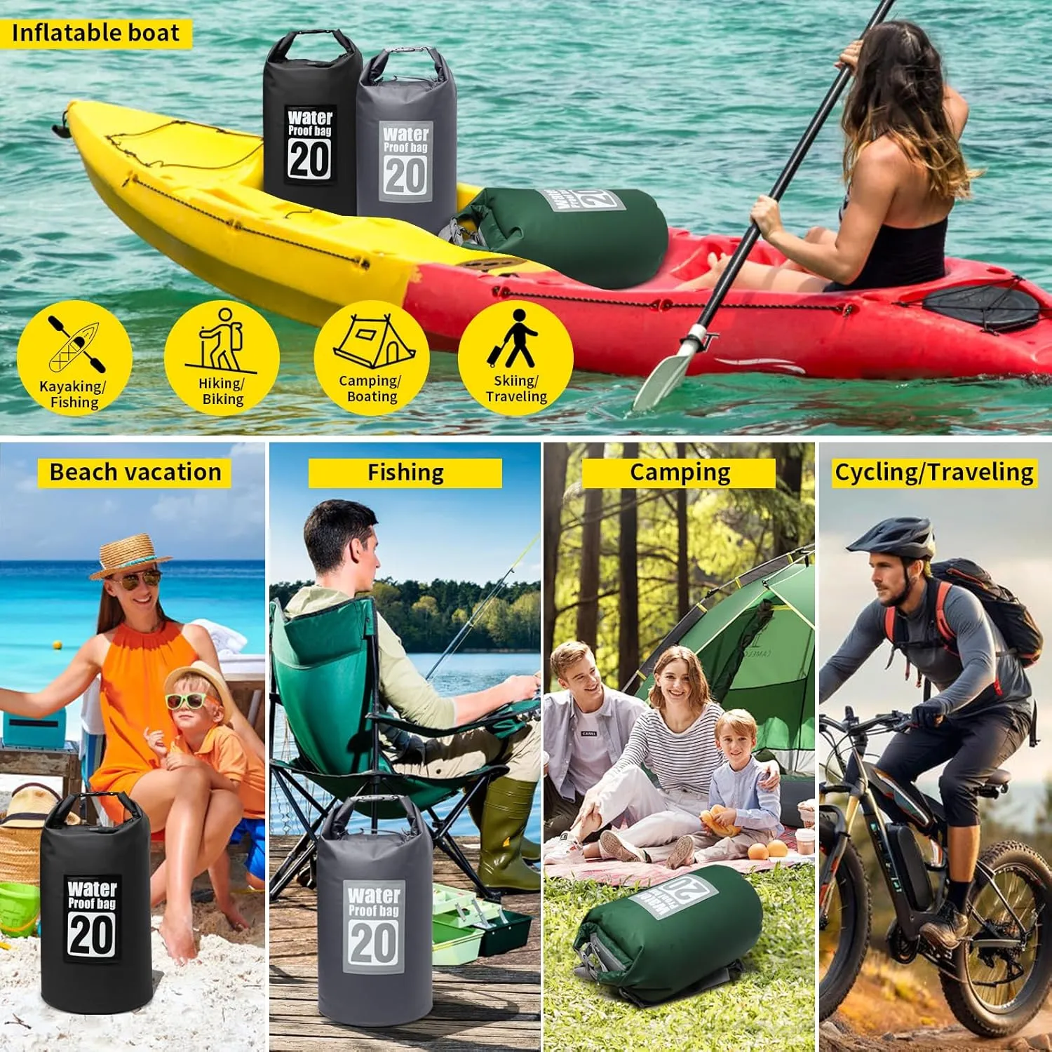 Waterproof Dry Bag, 10L/20L Roll Top Dry Bag Backpack, 500D PVC IPX8 Waterproof Bag for Hiking, Kayaking, Camping