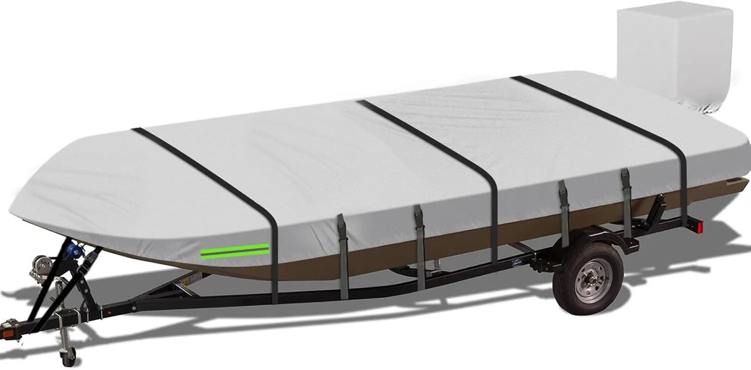 Waterproof Jon Boat Cover, 14-16ft Trailerable 600D Heavy Duty Marine Grade Oxford Cloth, Weather Resistant Windproof UV & Tear-Resistant Boat Covers with Motor Cover