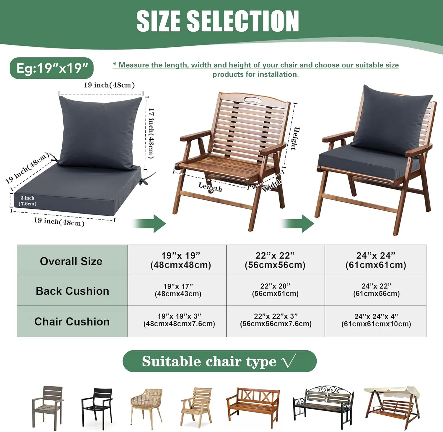 Waterproof Outdoor Cushions for Patio Furniture, Fade Resistant Backrest and Deep Seat Cushion Set with Removable Cover, 22 x 22 Inch, Dark Grey, 1 Set