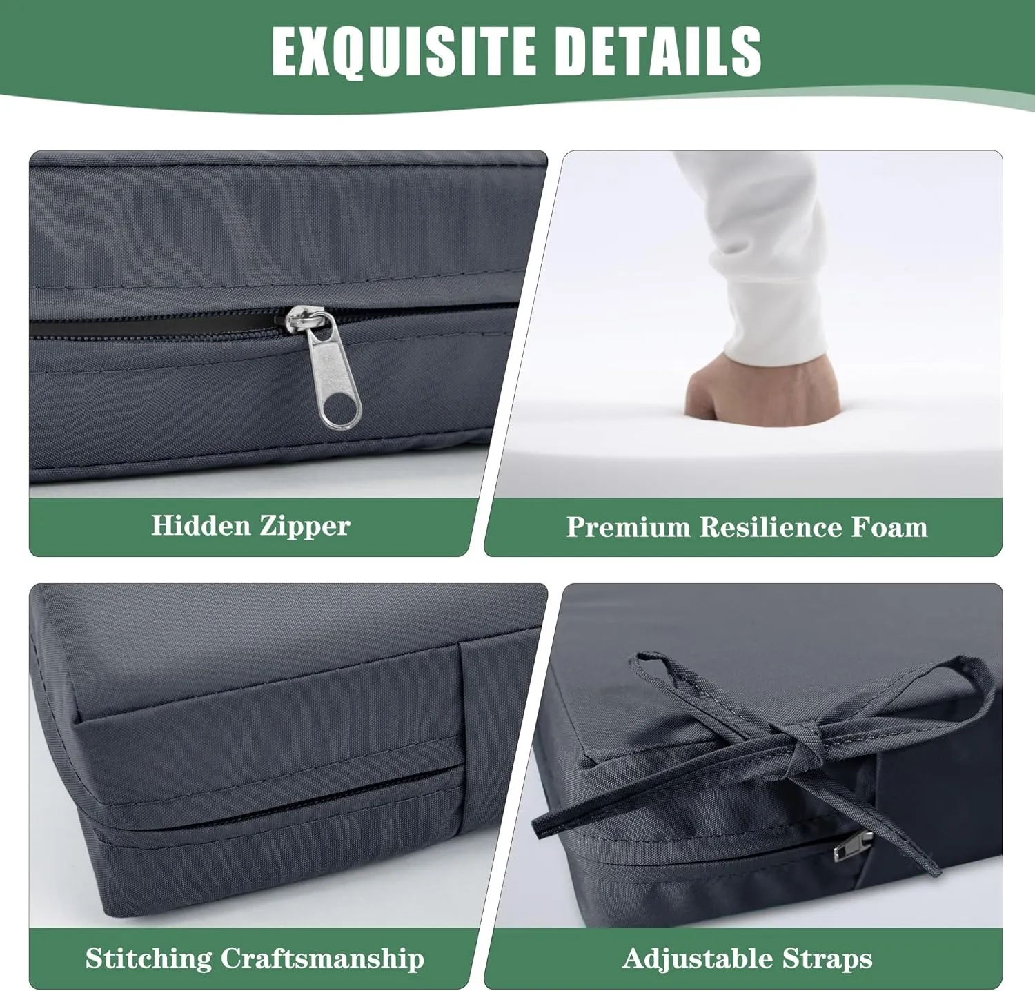 Waterproof Outdoor Cushions for Patio Furniture, Fade Resistant Backrest and Deep Seat Cushion Set with Removable Cover, 22 x 22 Inch, Dark Grey, 1 Set