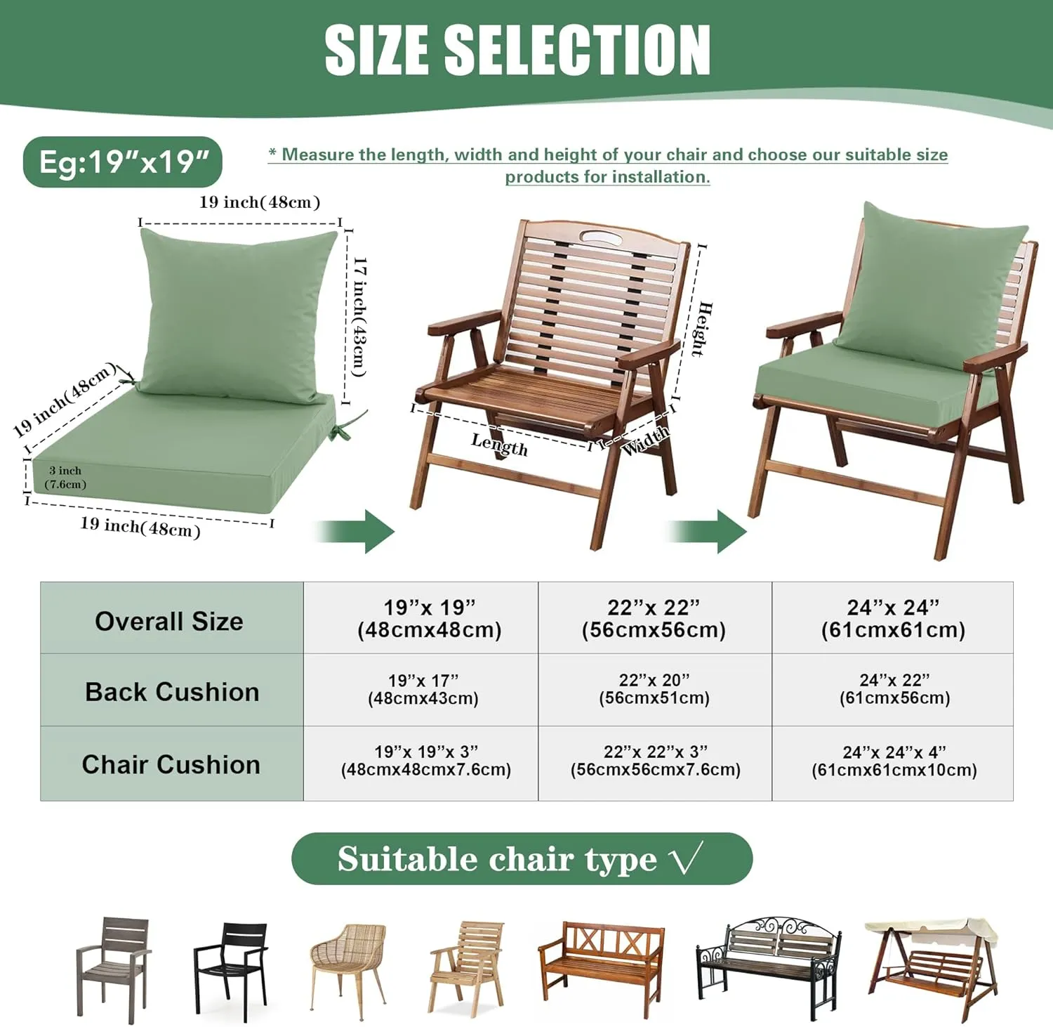 Waterproof Outdoor Patio Cushions with Removable Cover, Fade Resistant Back Pillow and Seat Cushion Set for Yard Porch Garden, 19 x 19 Inch, Sage Green, 1 Set
