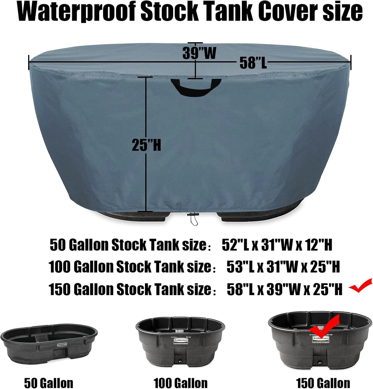 Waterproof Stock Tank Cover，Keep Your Stock Tank and Pool Clean, Keep Leaves and Debris out, Tear-Resistant and UV Resistant for Dustproof Weather Resistant (for 150 Gallon Oval Tank)