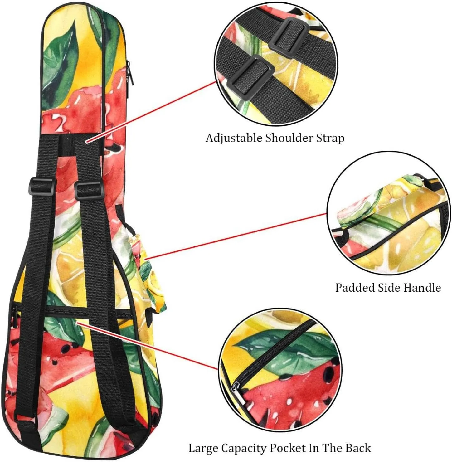 Waterproof Ukulele Case Bag, Durable 23" Ukulele Gig Bag with Storage and Handle - Watercolor Watermelons Lemons