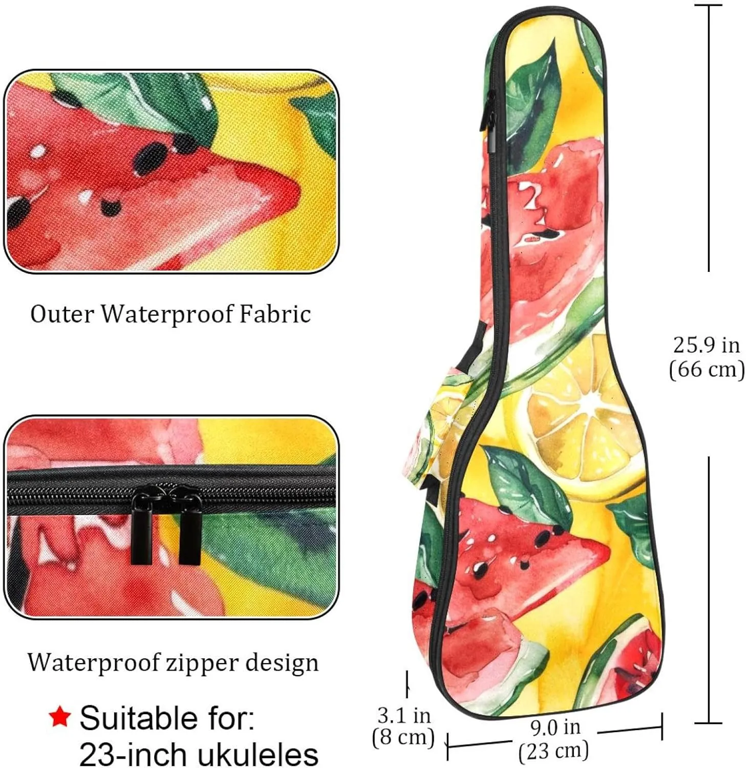 Waterproof Ukulele Case Bag, Durable 23" Ukulele Gig Bag with Storage and Handle - Watercolor Watermelons Lemons