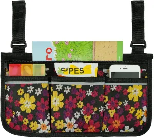 Wheelchair Side Bag - Wheel Chair Accessories with Flower Pattern - Arm Rest Storage Pouch Organizer to Hang On Side, Fits Walkers, Rollators, Scooters, for Women and Men