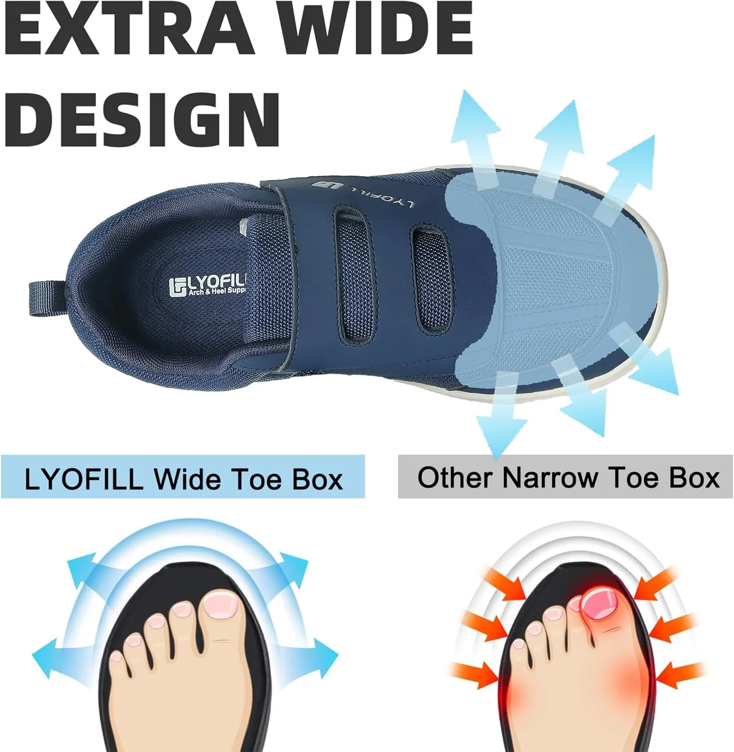 Wide Toe Box Walking Shoes Men Lace-Free Adjustable Extra Wide Width Sneaker Slip on Loafers Diabetic Shoes with Arch Support for Swollen Feet Pain Relief