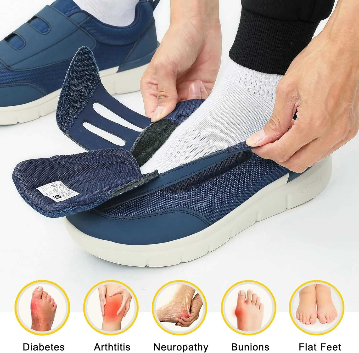 Wide Toe Box Walking Shoes Men Lace-Free Adjustable Extra Wide Width Sneaker Slip on Loafers Diabetic Shoes with Arch Support for Swollen Feet Pain Relief