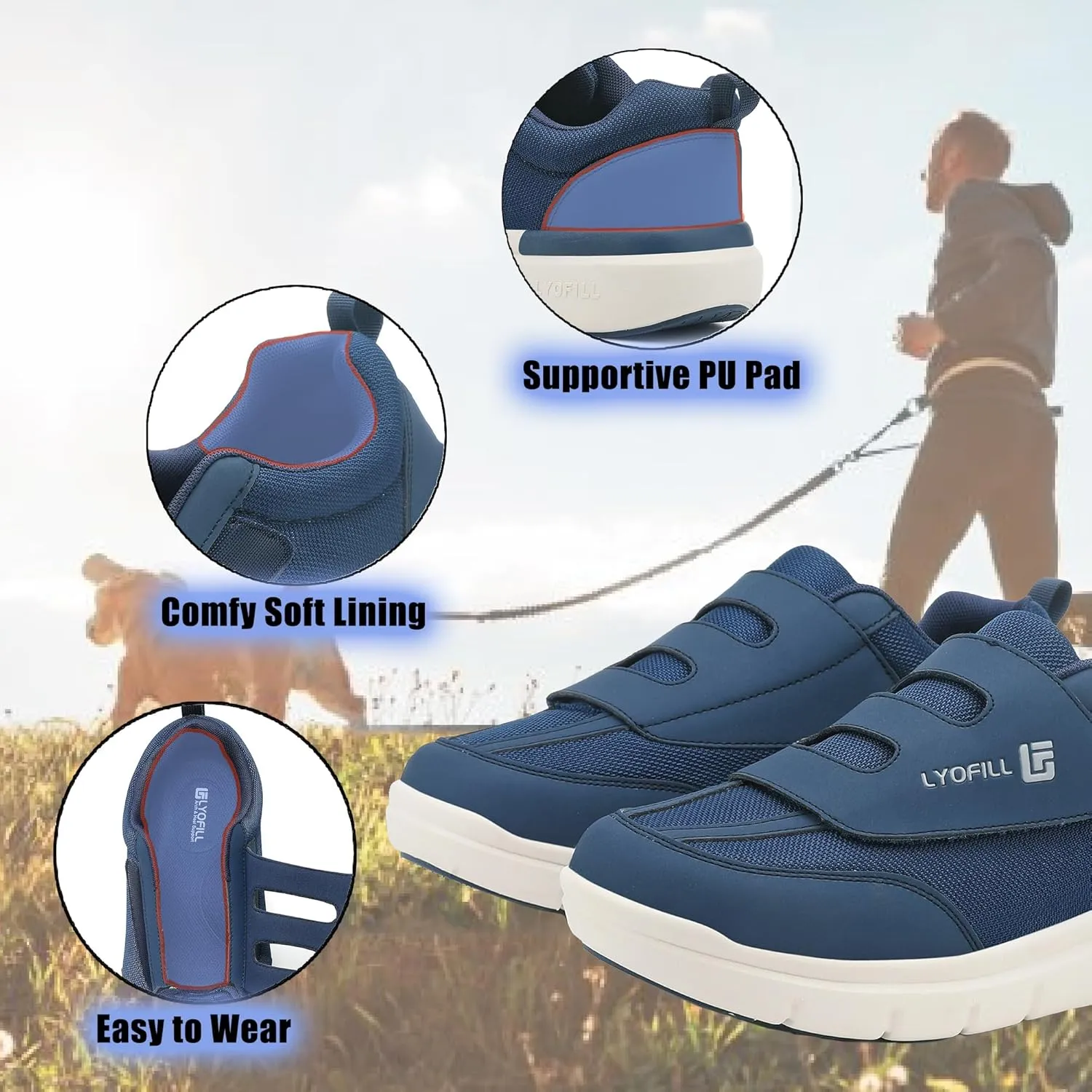 Wide Toe Box Walking Shoes Men Lace-Free Adjustable Extra Wide Width Sneaker Slip on Loafers Diabetic Shoes with Arch Support for Swollen Feet Pain Relief