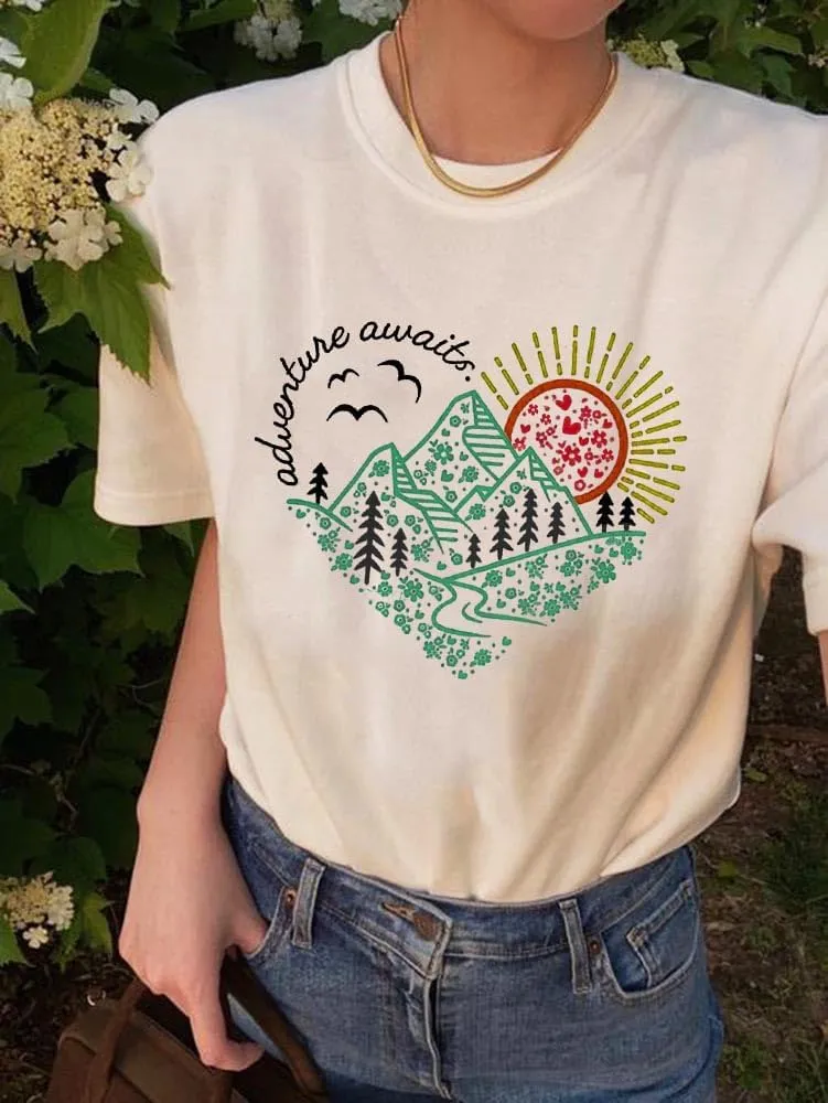 Women Adventure Awaits Outdoor Graphic Tee Shirt Kindness Heart Printed Hike Mountain Nature Travel Shirt Workout Tops