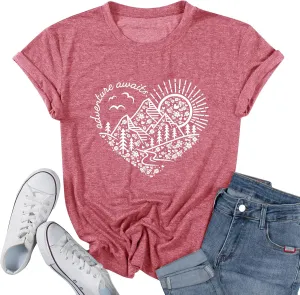Women Adventure Awaits Outdoor Graphic Tee Shirt Kindness Heart Printed Hike Mountain Nature Travel Shirt Workout Tops