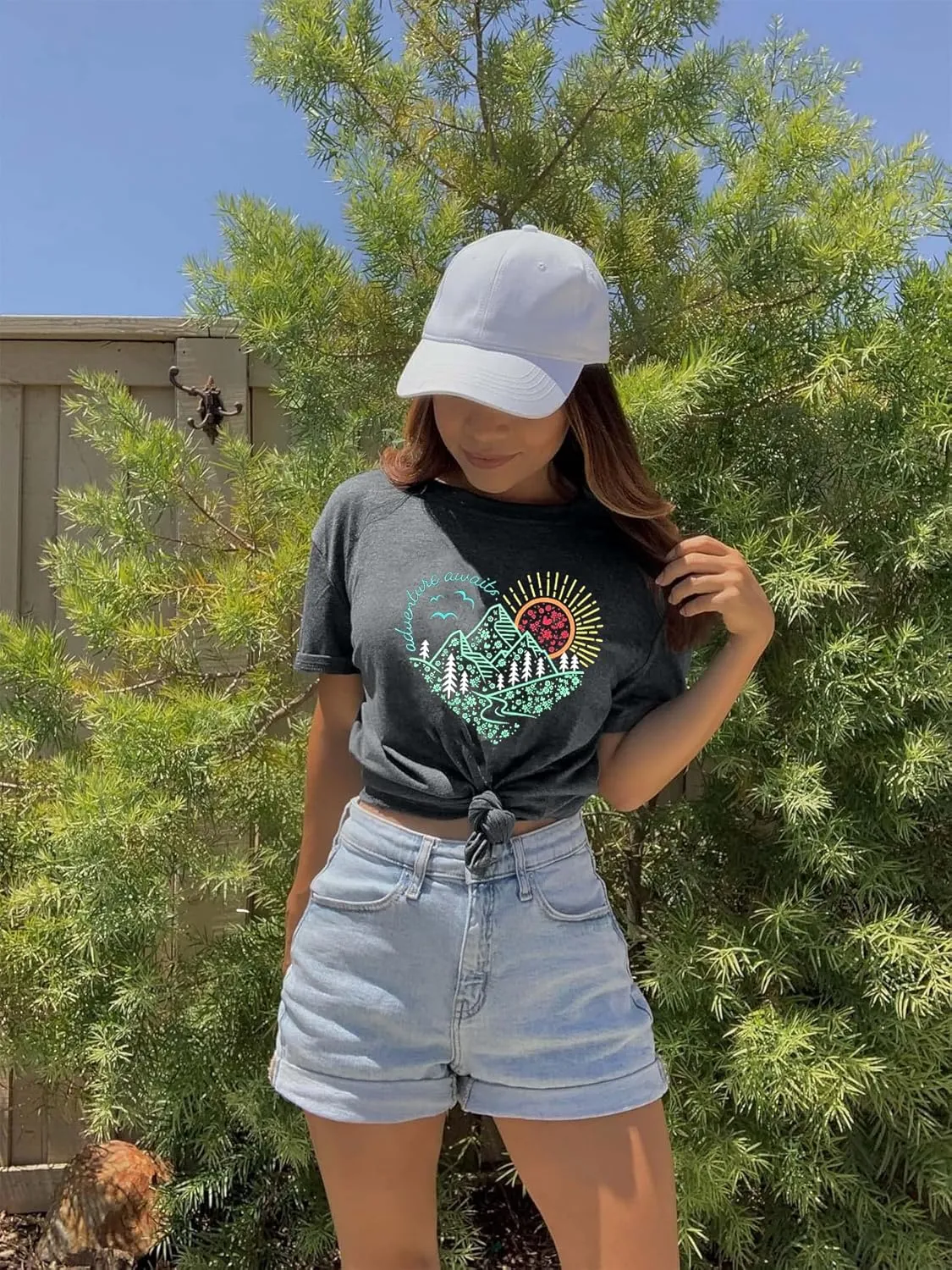 Women Adventure Awaits Outdoor Graphic Tee Shirt Kindness Heart Printed Hike Mountain Nature Travel Shirt Workout Tops