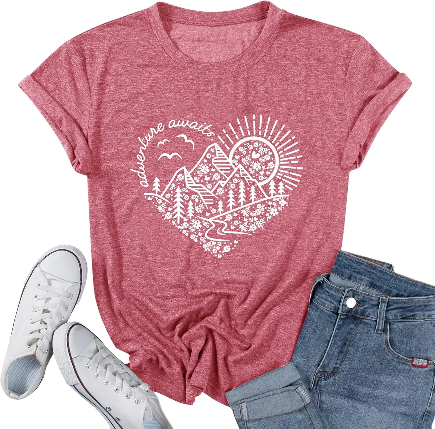 Women Adventure Awaits Outdoor Graphic Tee Shirt Kindness Heart Printed Hike Mountain Nature Travel Shirt Workout Tops