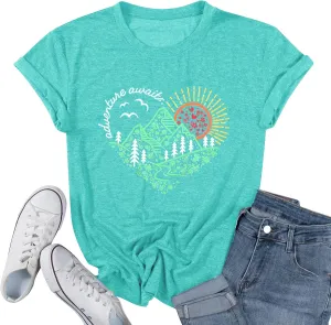 Women Adventure Awaits Outdoor Graphic Tee Shirt Kindness Heart Printed Hike Mountain Nature Travel Shirt Workout Tops