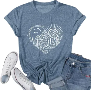Women Adventure Awaits Outdoor Graphic Tee Shirt Kindness Heart Printed Hike Mountain Nature Travel Shirt Workout Tops