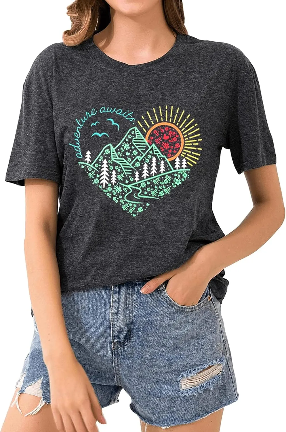 Women Adventure Awaits Outdoor Graphic Tee Shirt Kindness Heart Printed Hike Mountain Nature Travel Shirt Workout Tops