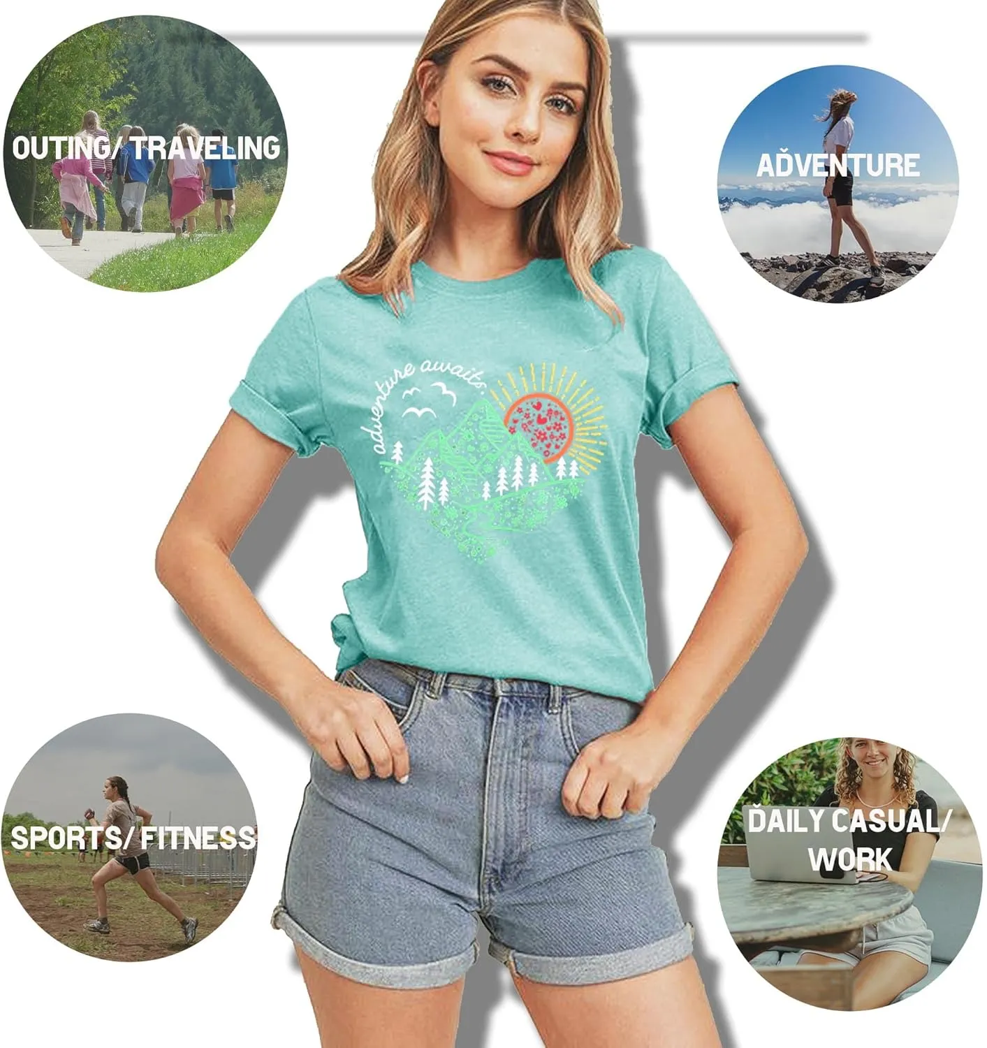 Women Adventure Awaits Outdoor Graphic Tee Shirt Kindness Heart Printed Hike Mountain Nature Travel Shirt Workout Tops