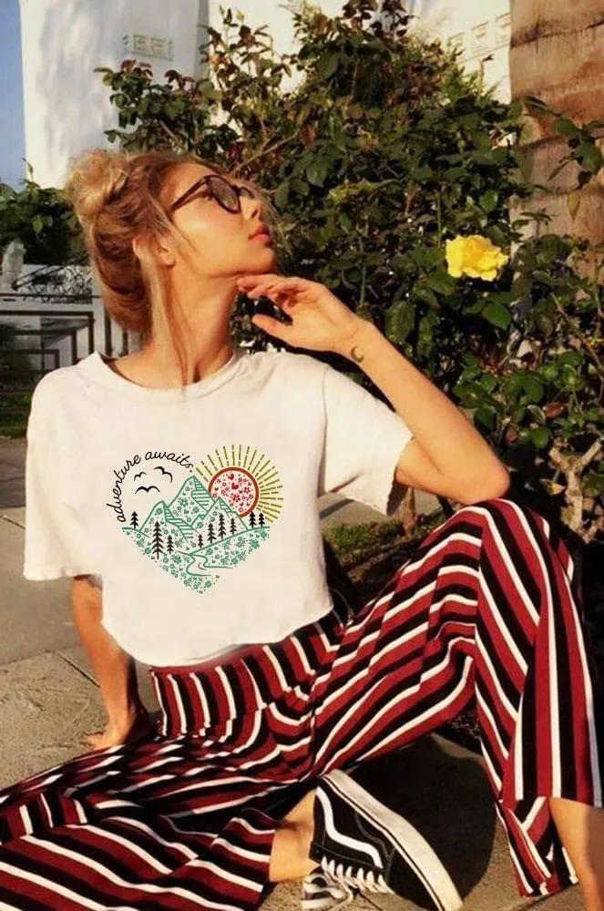 Women Adventure Awaits Outdoor Graphic Tee Shirt Kindness Heart Printed Hike Mountain Nature Travel Shirt Workout Tops