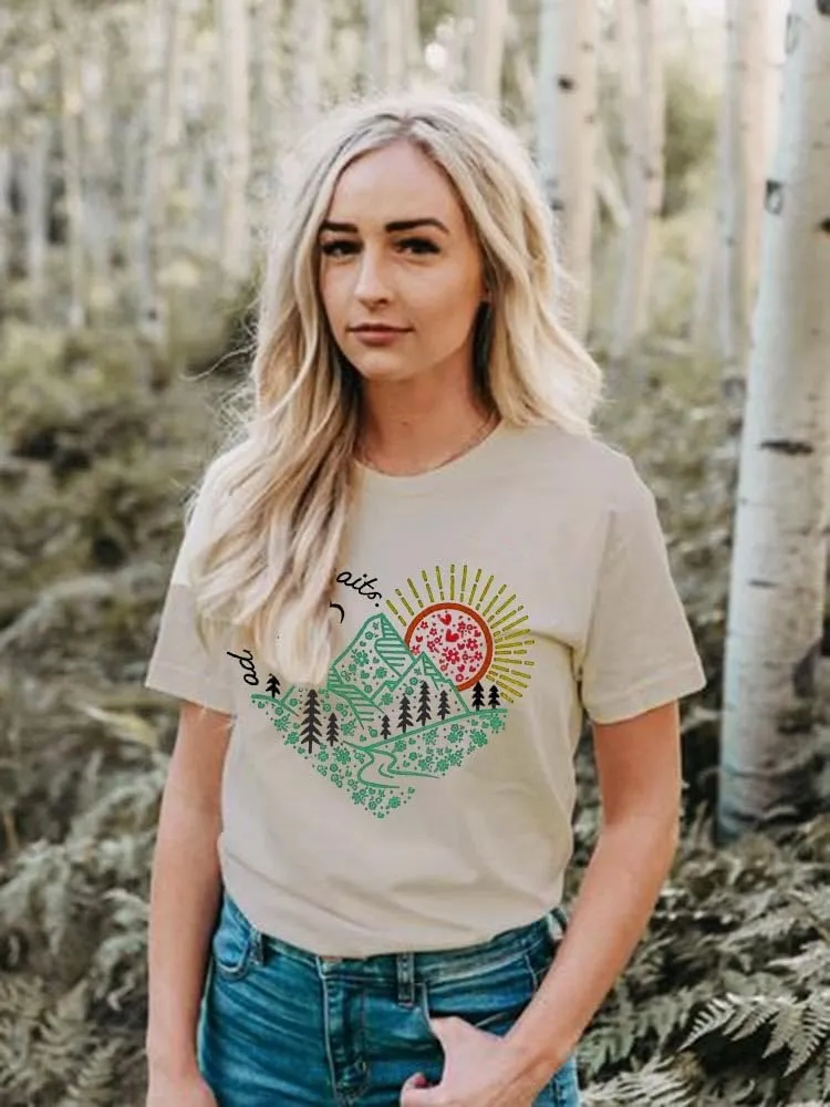 Women Adventure Awaits Outdoor Graphic Tee Shirt Kindness Heart Printed Hike Mountain Nature Travel Shirt Workout Tops