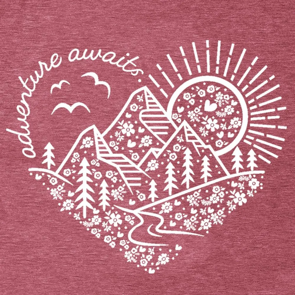 Women Adventure Awaits Outdoor Graphic Tee Shirt Kindness Heart Printed Hike Mountain Nature Travel Shirt Workout Tops