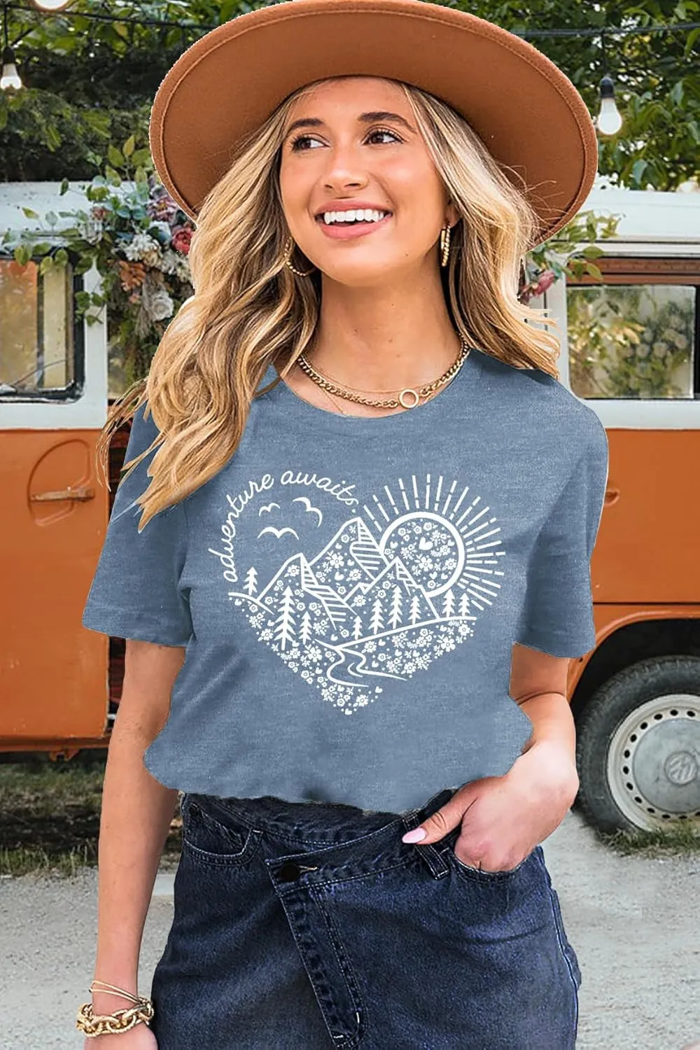 Women Adventure Awaits Outdoor Graphic Tee Shirt Kindness Heart Printed Hike Mountain Nature Travel Shirt Workout Tops