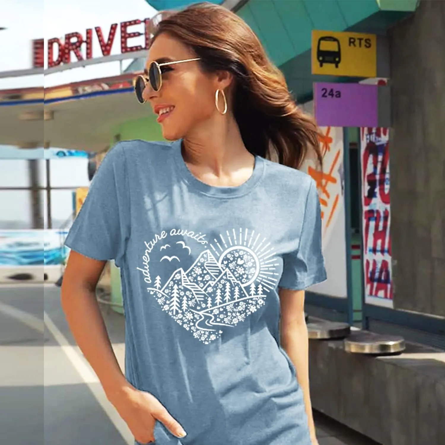 Women Adventure Awaits Outdoor Graphic Tee Shirt Kindness Heart Printed Hike Mountain Nature Travel Shirt Workout Tops