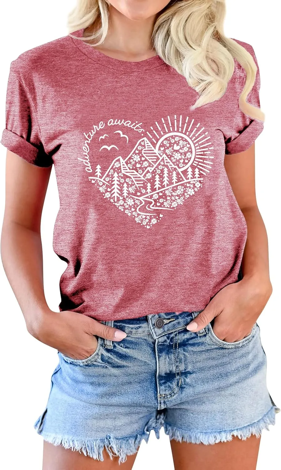 Women Adventure Awaits Outdoor Graphic Tee Shirt Kindness Heart Printed Hike Mountain Nature Travel Shirt Workout Tops
