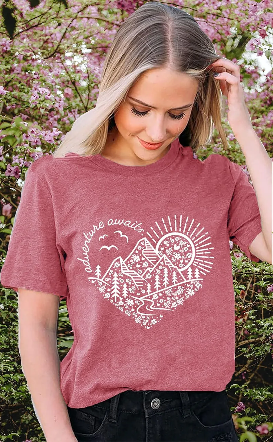 Women Adventure Awaits Outdoor Graphic Tee Shirt Kindness Heart Printed Hike Mountain Nature Travel Shirt Workout Tops
