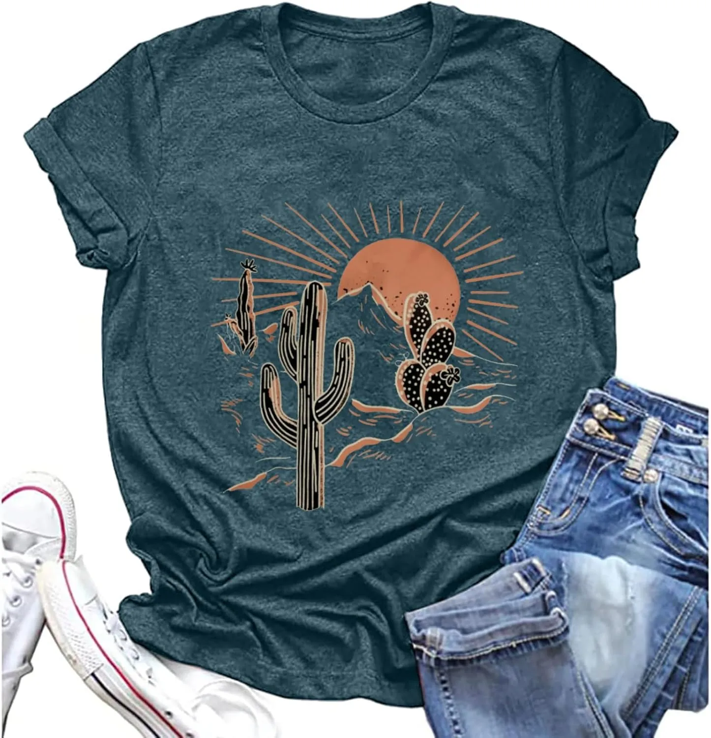 Women Adventure Shirts Retro Desert Sunrise T-Shirt Funny Hike Mountain Nature Travel Graphic Workout Tees Tops