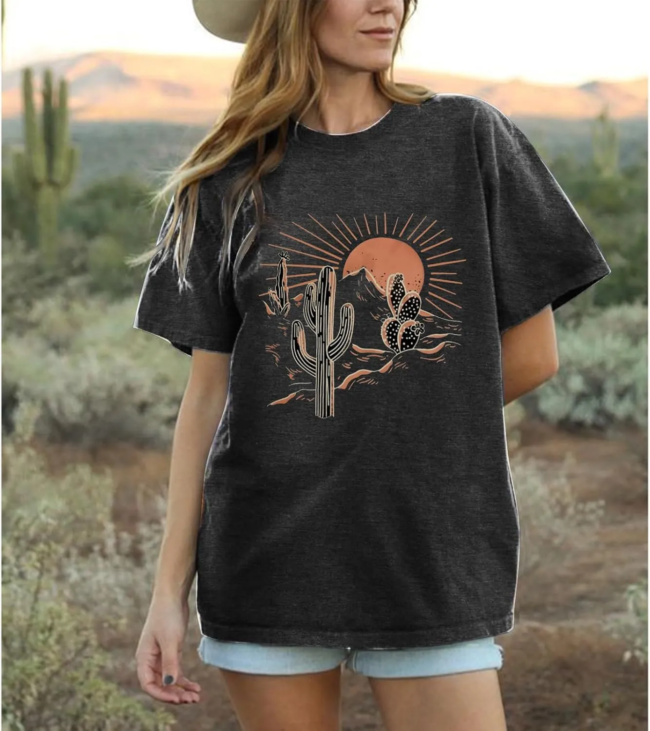 Women Adventure Shirts Retro Desert Sunrise T-Shirt Funny Hike Mountain Nature Travel Graphic Workout Tees Tops