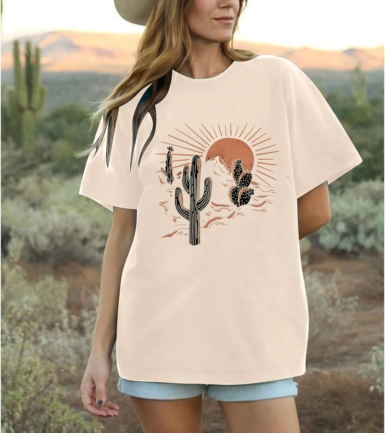 Women Adventure Shirts Retro Desert Sunrise T-Shirt Funny Hike Mountain Nature Travel Graphic Workout Tees Tops