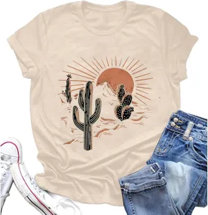 Women Adventure Shirts Retro Desert Sunrise T-Shirt Funny Hike Mountain Nature Travel Graphic Workout Tees Tops