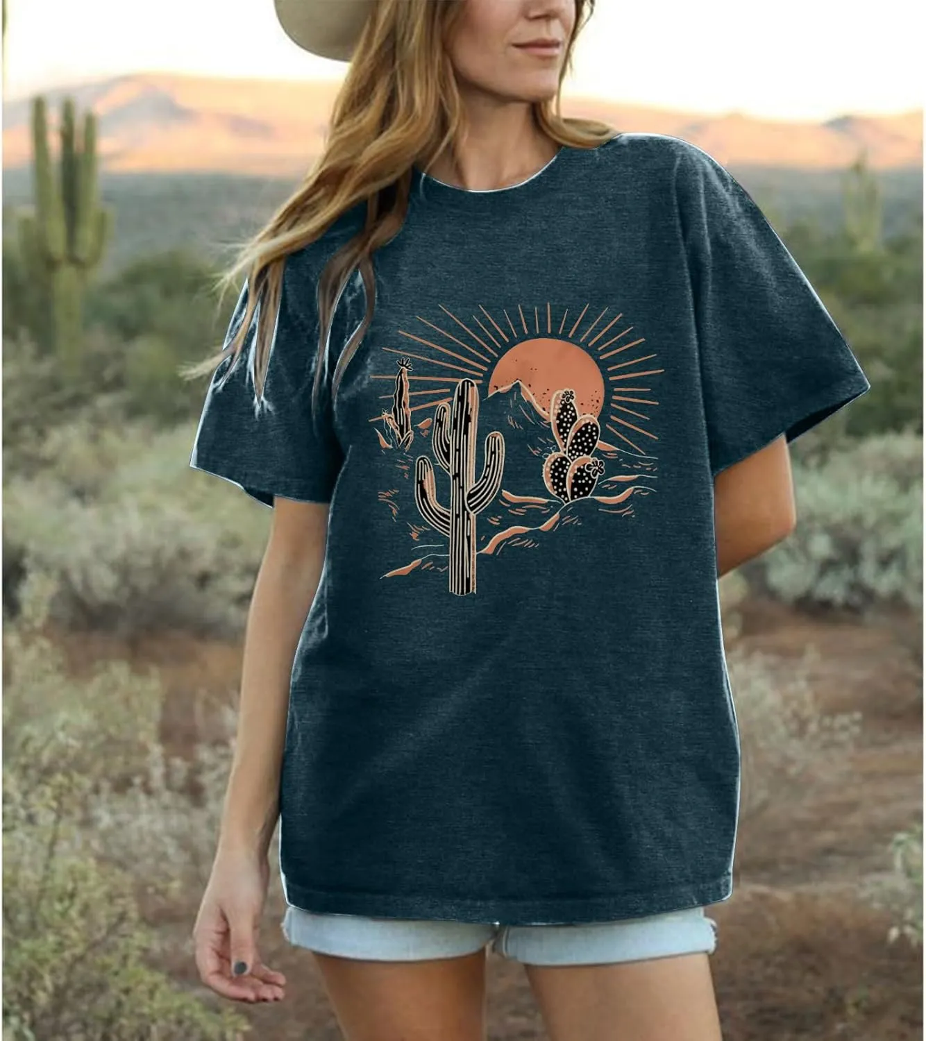 Women Adventure Shirts Retro Desert Sunrise T-Shirt Funny Hike Mountain Nature Travel Graphic Workout Tees Tops