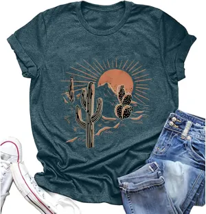 Women Adventure Shirts Retro Desert Sunrise T-Shirt Funny Hike Mountain Nature Travel Graphic Workout Tees Tops